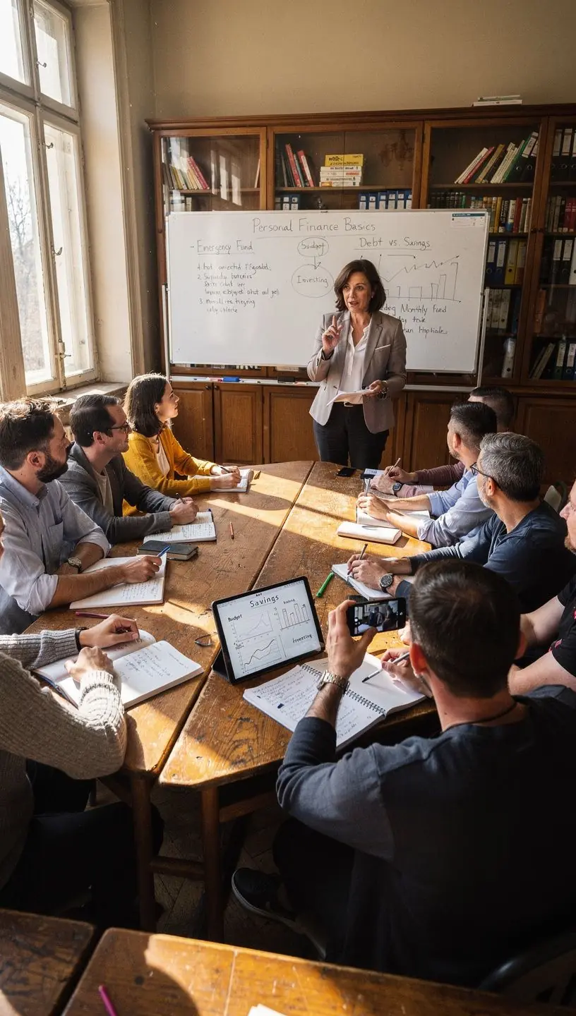 Fiatal szakember jegyzetel egy pénzügyi alapokat bemutató előadáson, mellette személyes pénzügyi könyvek és oktatási anyagok láthatók