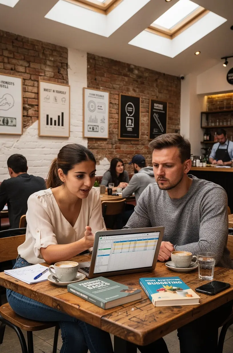 Egy oktató előadást tartó pénzügyi szakértő, miközben személyes pénzügyi alapokról szóló könyveket mutat be és jegyzeteket készít a hallgatóság számára.