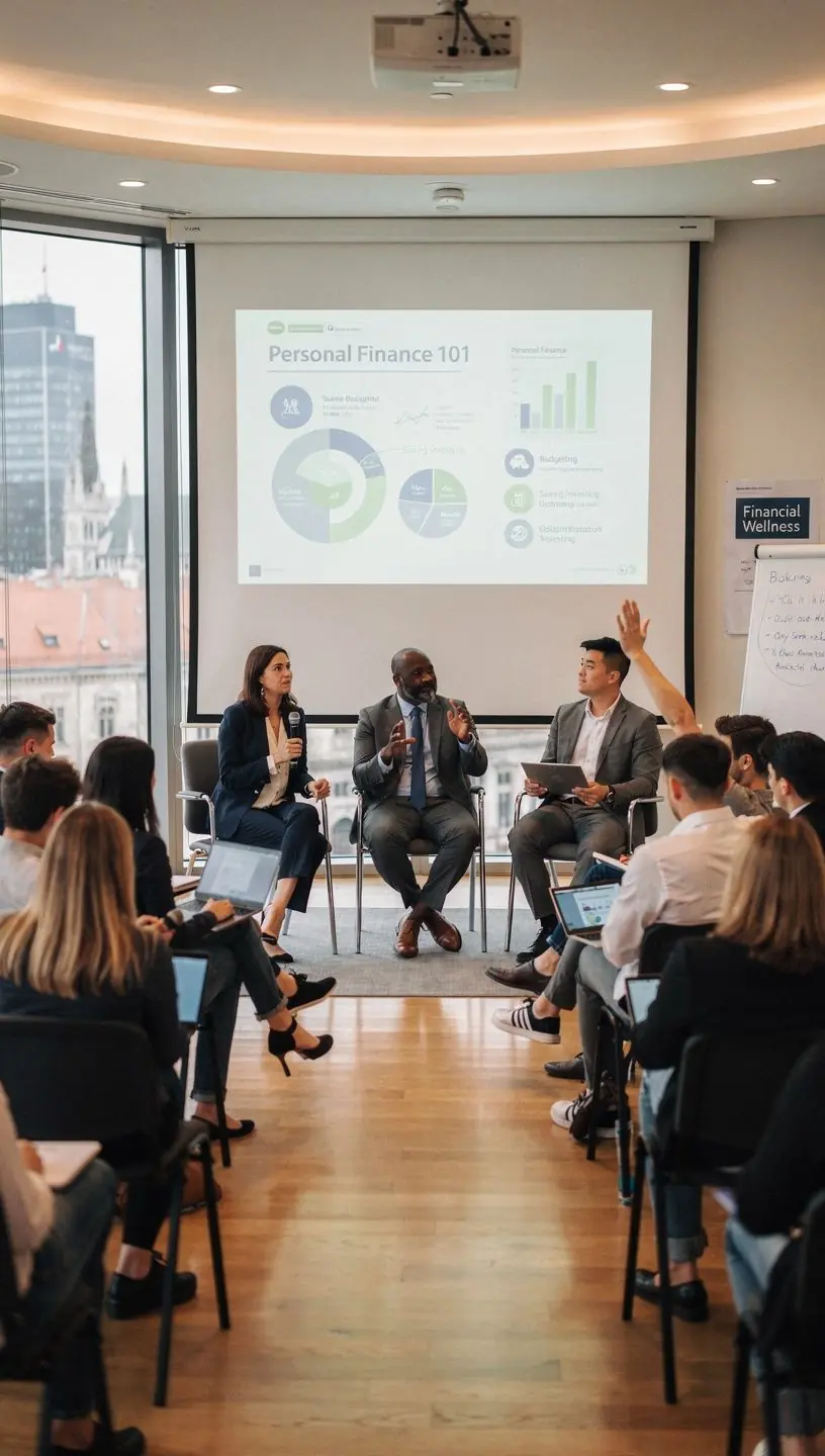 Előadó magyaráz egy pénzügyi fogalmat egy projektor előtt egy érdeklődő hallgatóságnak.